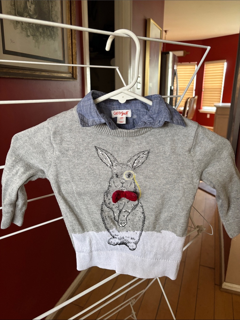Cat & Jack Gray and White Bunny Sweater with Red Bow Accent